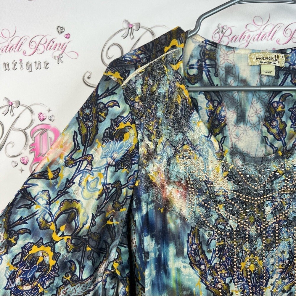ONE WORLD dress assymetrical hem fairy rhinestone Embellishments tie dye floral - Picture 6 of 15